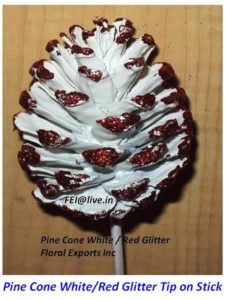 PINE CONE WHITE & RED GLITTER TIP ON STICK